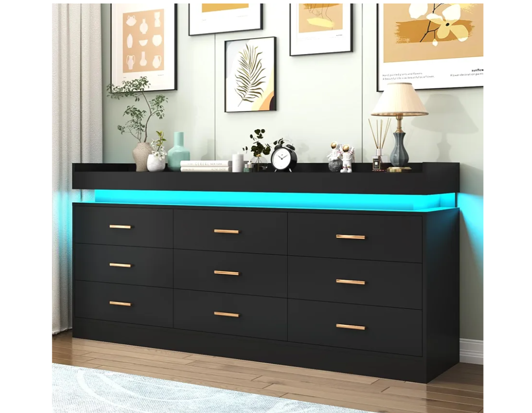 9 Drawer Dresser with LED Light and Charging Station, Modern Chest of Drawers for Closet, Wide Drawer Organizer Cabinet for Bedroom, Living Room, Entryway, Hallway(9 Drawer Black)