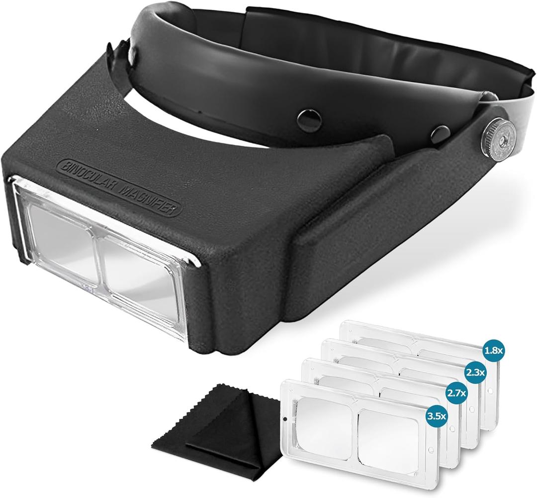 MAGDEPO Headband Magnifier Lightweight Head-Mounted Jewelry Loupe with 4 Magnification Lens 1.8X, 2.3X, 2.7X, 3.5X for Close Works, Repairs, Crafts
