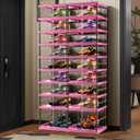 9-Tier Foldable Shoe Rack for Closet Entryway 18-36Pairs, Stackable Clear Shoe Storage Boxes Organizer With Door Plastic Shoe Cabinet Bins with Lids Shoes Shelf Easy Assembly Large (Black-pink)