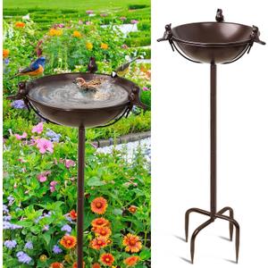 Freestanding Birdbaths Bowl Outdoor, Standing Garden Bird Bath Feeder Bowl with 3 Bird Statues, Birdbath & Birdfeeder with Metal Stake Garden Yard Lawn Decor (Brown)