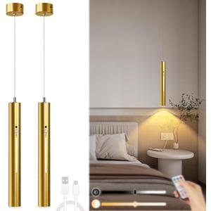 Lightess Battery Operated Pendant Light Motion Sensor Set of 2, Wireless Chandelier with Remote, 3 Color Dimmable, 6000mAh Hanging Light for Kitchen Island Dining Room Bedroom, Gold