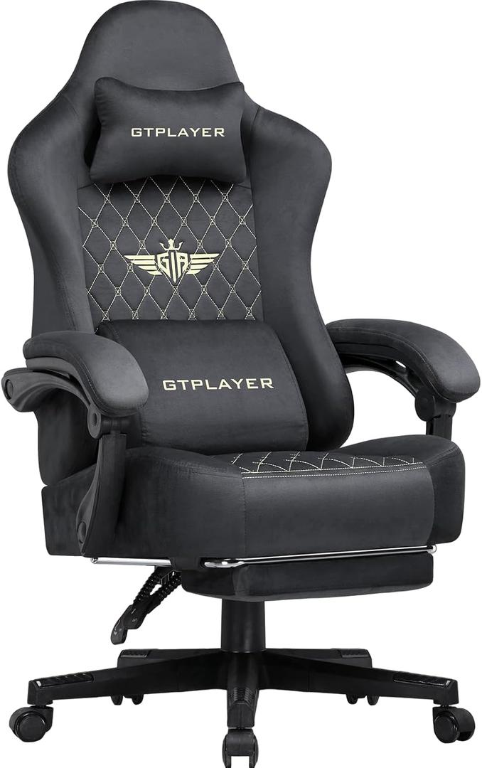 GTRACING Gaming Chair Fabric with Footrest, Big and Tall Game Chair High Back Computer Office Chair with Lumbar Support for Adults, Ergonomic Swivel Games Chair with Pocket Spring Cushion Gaming Grey