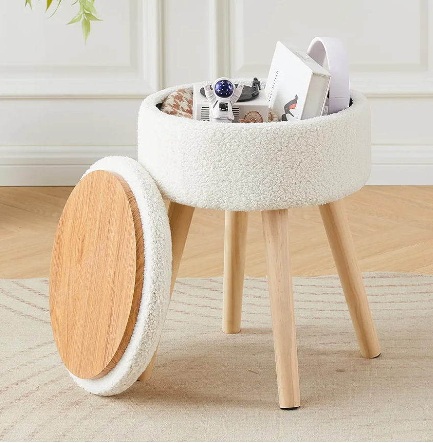 Mxfurhawa Storage Ottoman Foot Stool Teddy Velvet Round Vanity Stool Tray Top Footstool with Wood Legs Upholstered Foot Rest Ottoman for Living Room, Bathroom, Makeup (White)