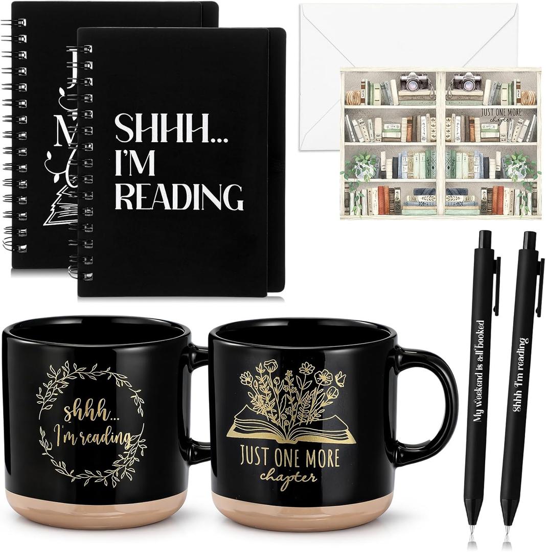 Book Lovers Gift 13oz Ceramic Coffee Mug Book Lovers Spiral Journal Notebook Bookish Greeting Card Ballpoint Pen School Librarian Appreciation Gift for Women Teacher Bookworm(10 Pcs,Vivid)