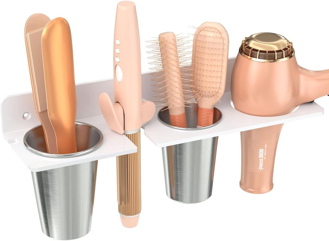 HIIMIEI Hair Tool Organizer Wall Mount, White Acrylic Hot Tool Holder with 2Cups, Bathroom Hair Styling Accessories Storage Organizer for Flat Iron, Blow Dryer, Curling Wand