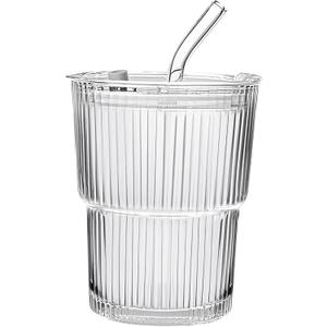 13oz/400ML Glass Tumbler with Straw and Lid Ribbed Vertical Ice Coffee Cups Sealed Carry on for Coffee Iced Tea, Thick Wall Glassware Tumbler Water Glass (1)