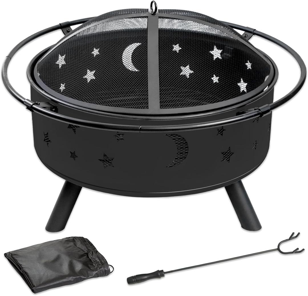 32 Inch Fire Pit Outdoor Fireplace, 2 in 1 Metal Round Firepit for Outside Bonfire Party, BBQ, Camping, Backyard, Patio, Garden, Picnic w/Fire Poker, Spark Screen, Grate, Cover (Moon&Star)