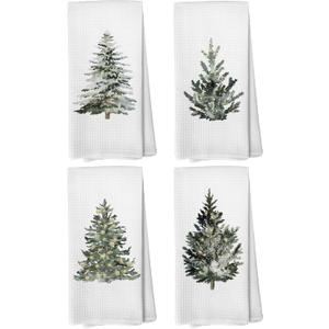 Winter Christmas Tree Kitchen Towels, Vintage Christmas Tree Decor, Farmhouse Green Xmas Tree Holiday Hand Dish Tea Towels for Bathroom Kitchen, 16x24 Inch Set of 4 (Multicolor)