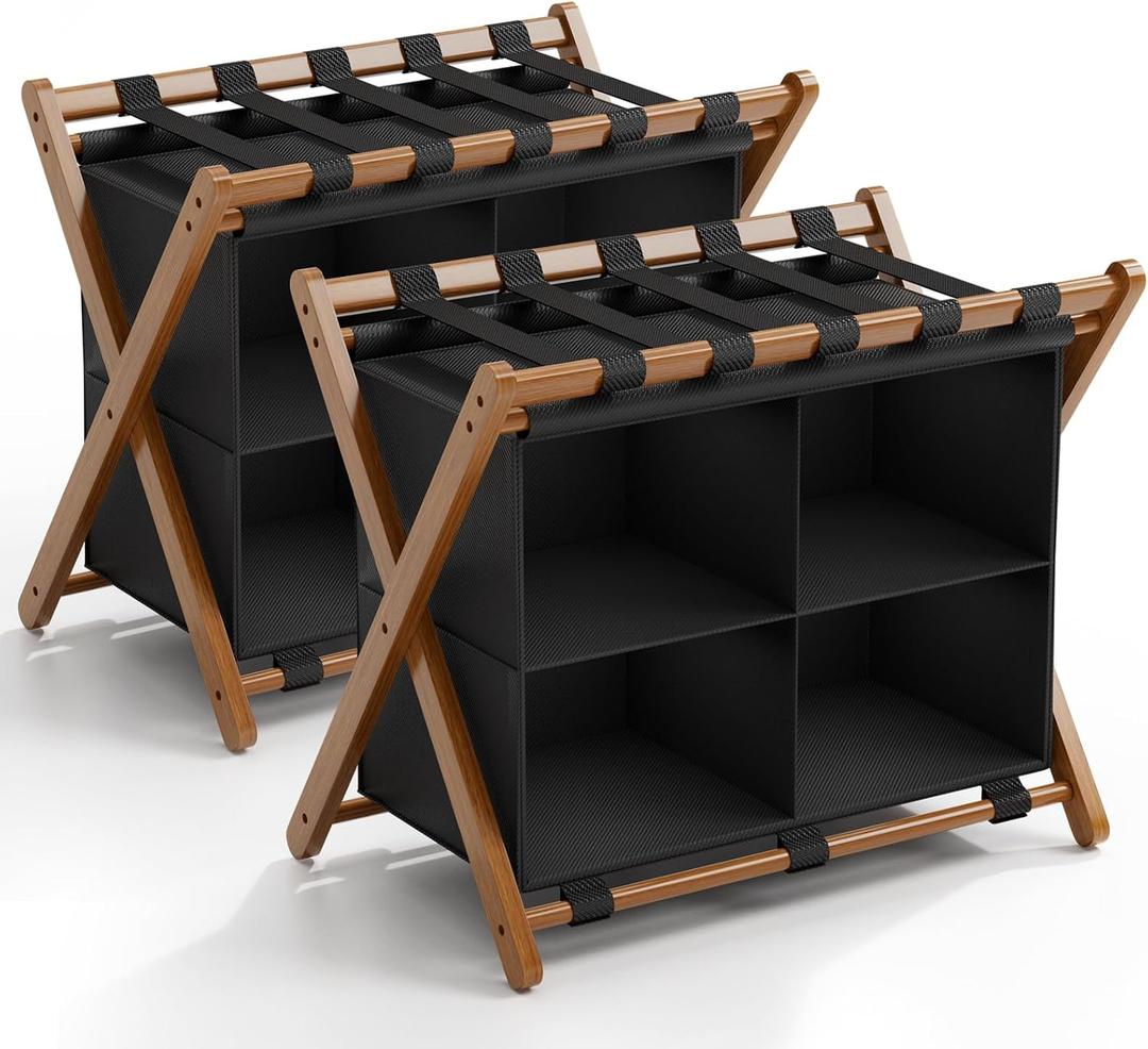 Bamboo Luggage Rack 2 Pack with 4 Storage Compartments, Foldable Suitcase Stand for Guest Room, 150lbs Capacity, Sturdy, Space-Saving and Easy to Assemble Organizer