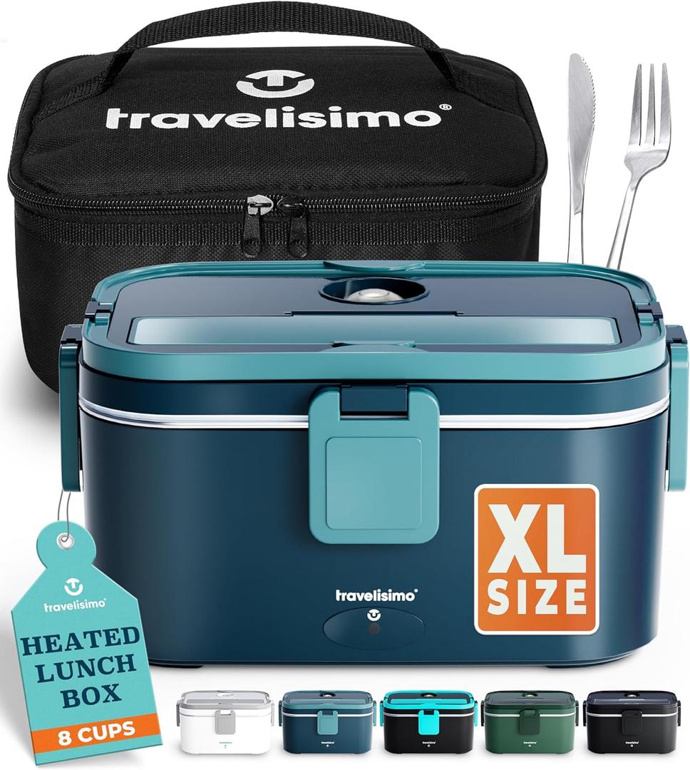 TRAVELISIMO Extra-Large Electric Lunch Box For Adults Holds up to 8 Cups - 80W Heated Lunch Box 1.8L Portable Microwave, Portable Food Warmer, Travel & Work - Loncheras Para Hombres De Trabajo (Dark Blue)