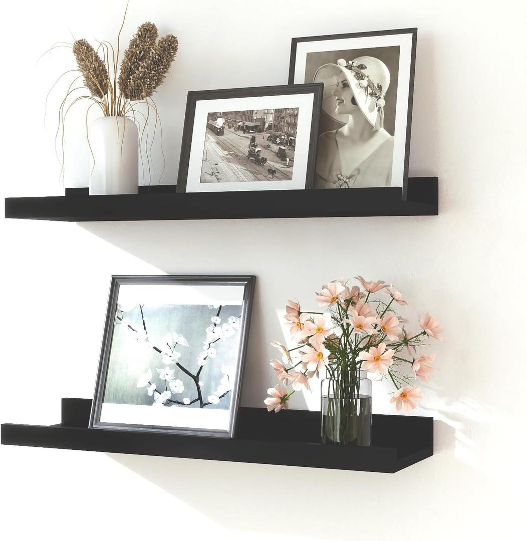 Black Floating Shelves for Wall Decor, Wall Mounted Wood Storage Shelf for Bedroom, Living Room, Bathroom, Kitchen, Nursery, Display Picture Ledge Shelf with Lip Set of 2-16 Inches, Black (15.8in)