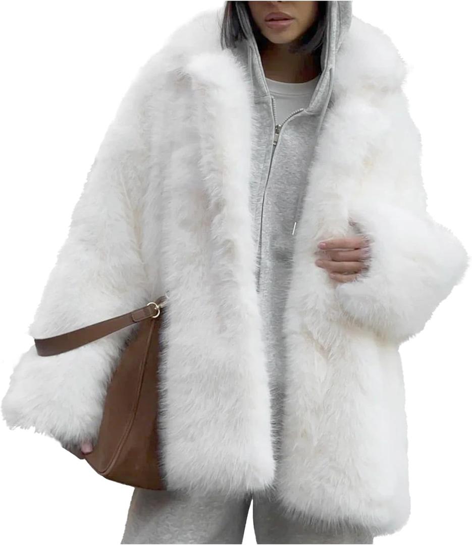 COZYPOIN Womens Faux Fur Coats Warm Mid Long Furry Jackets Long Sleeve Lapel Winter Fluffy Outerwear Shaggy Parka Coat (Medium, White)