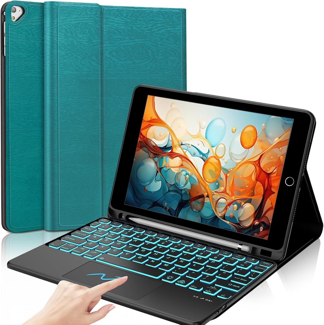 iPad 9th Generation Case with Keyboard 10.2 inch, Detachable Bluetooth Keyboard with Smart Touchpad, 7 Color Backlit, Slim Folio Cover with Pencil Holder for iPad 8th/7th Gen/iPad Air 3rd Gen - Green