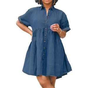 Womens Denim Babydoll Dresses Summer Outfits Button Down Ruffle Tiered Jean Dress, 3XL