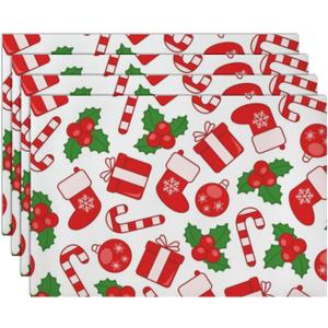 Christmas Berry Leaves Plates Placemat, Faux Leather Dining Table Dish Mat for Coffee Table 12 X 18 Inch, Water Resistant Foldable Tablemats Dining Room Accessories, Gift for Teacher, 4 Pack