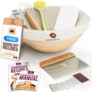 Superbaking Banneton Bread Proofing Basket, Sourdough Bread Baking Supplies, Round 9 Inch Sourdough Starter Kit, Proofing Basket for Baking, Bread Making Supplies Tools, Banneton Basket Gift Set