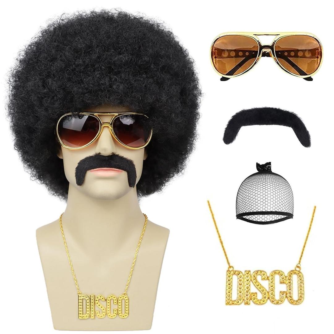 Mens Afro Wigs for 70s Rocker Disco Party 5pcs Set (Wig+ Glasses+ Disco Necklace+ Mustache+ Wig Cap) Afro Puff Wigs for 70s 80s Halloween Costume Cosplay Party Use (Black)