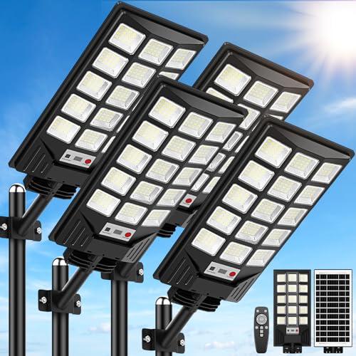 Solar Street Lights Outdoor Waterproof, 30000LM 6500K LED Motion Sensor Lights, Solar Flood Lights with Remote, Dusk to Dawn Solar-Powered Parking Lot Light, Commercial Area Lighting for Yard, 4-Pack
