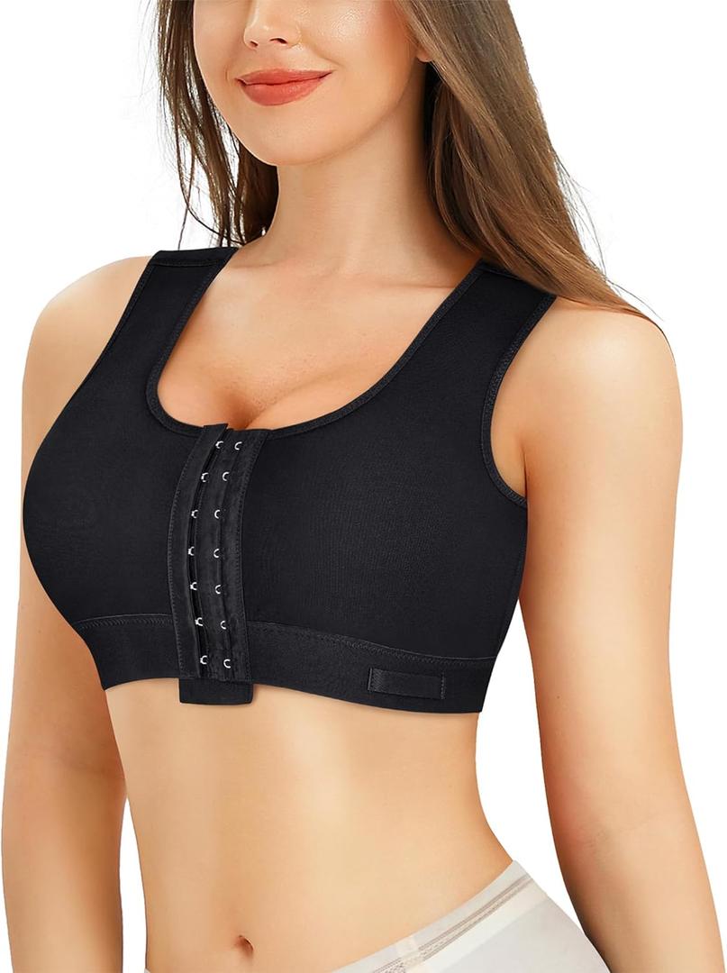 BRABIC Women Front Closure Post Surgery Compression Everyday Bras for Mastectomy Support with Adjustable Straps Wirefree (Medium, Black)