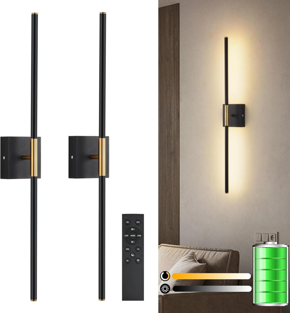 Battery Operated LED Wall Sconces Set of 2, 3000K-6000K Dimmable Rechargeable Wall Sconces with Remote 360Rotate Black Gold Wireless Wall Lights for Living Room Hallway Bedroom 24 Inch 2 Pack