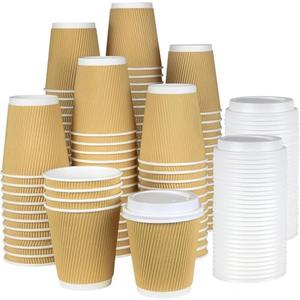 NYHI Set of 150 Brown Disposable Paper Cups with White Lids 6 oz Ripple Insulated Kraft for Hot Drinks Tea Coffee Triple Layer Design Recyclable Durable Paper