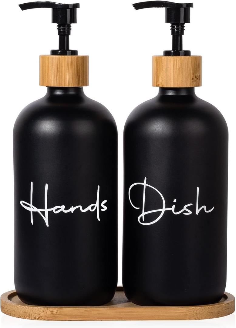 17 oz Hand Soap Dispenser Empty Glass Lotion Pump Bottles, Refillable Liquid Dish Soap Bottles for Bathroom, Kitchen Sink, Black, 2 Pack