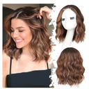 Brown Highlight Short Wavy Wig for Women Lace Hairline Bob Style Synthetic Heat Resistant - Natural Appearance for Everyday Hairstyle 14 Inch
