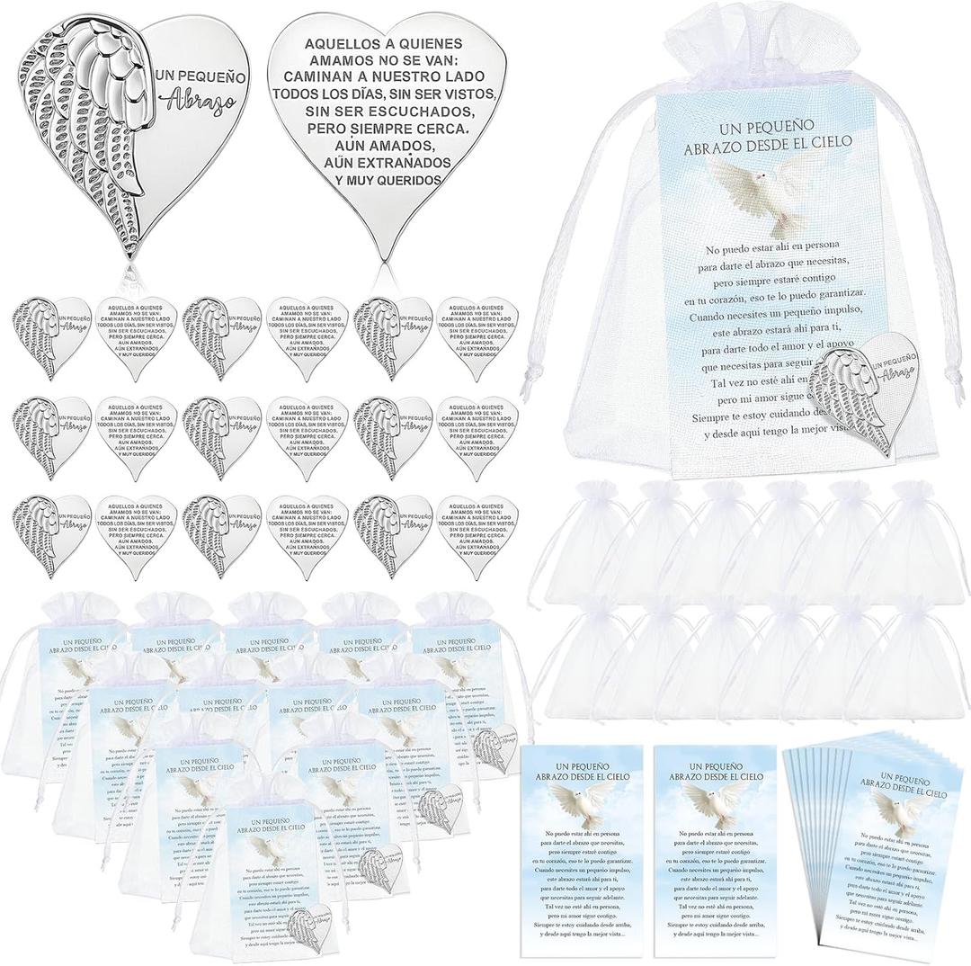 Fumete 30 Sets Funeral Favors for Guests Memorial Service Celebration of Life Decorations Heart Pocket Hug Token Coins and Angel Poem Pray Cards Memorial Gifts for Church Funeral Sympathy (Spanish)