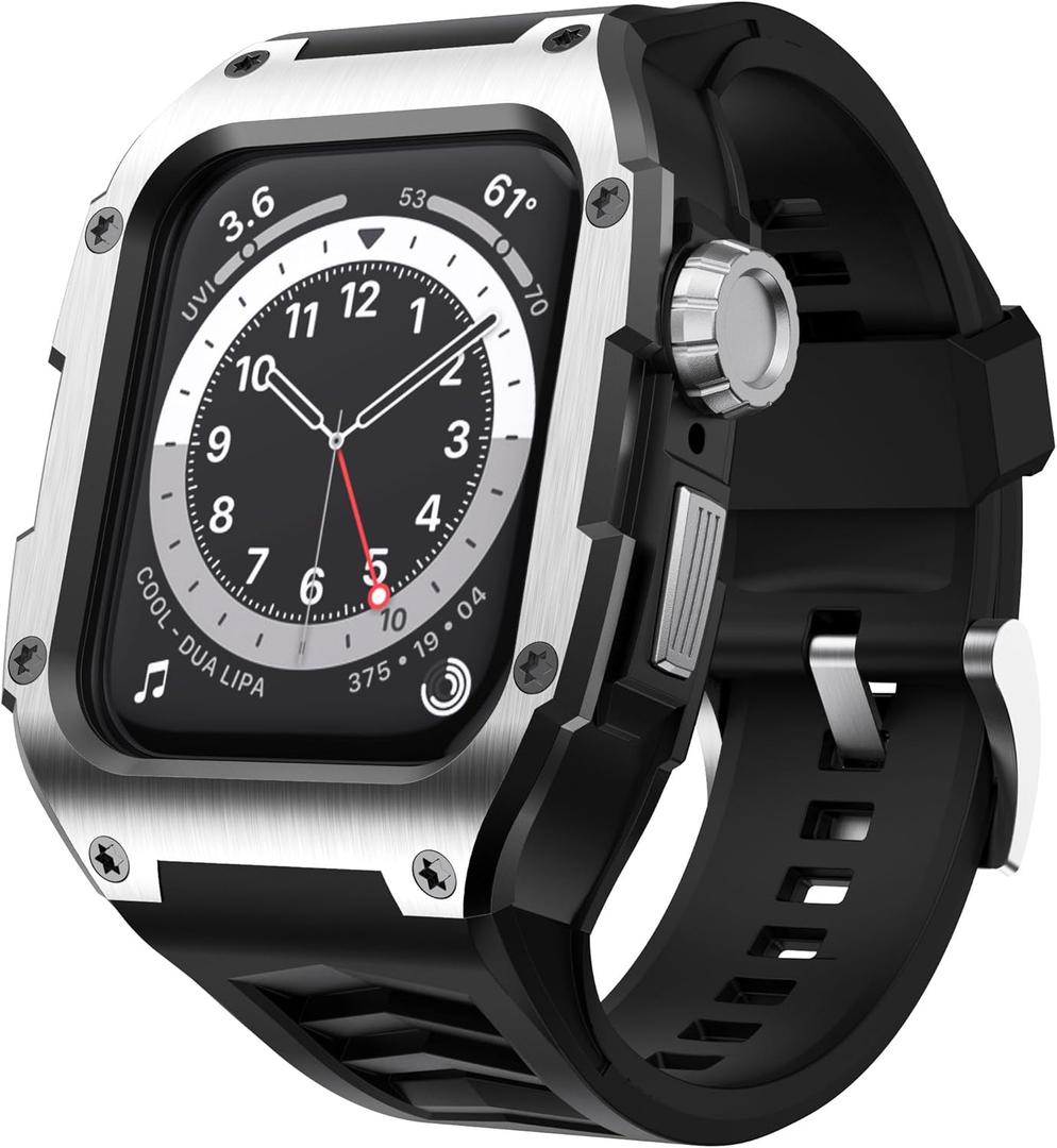 Compatible with Apple Watch Band 44mm Men Rugged Case Stainless Metal Cover with Military Band Shockproof Protective Case for Watch Series 6 5 4 SE2, Black