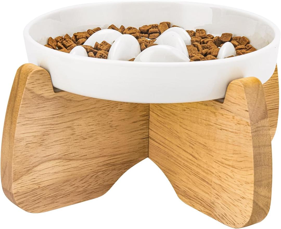 Raised Slow Feeder Cat Bowl with Stand, 6.3'' Wide Ceramic Elevated Shallow Slow Eating Cat Bowl for Dry/Wet Food, Anti-Vomiting Pet Puzzle Feeder, Whisker Friendly, Dishwasher Safe (White)