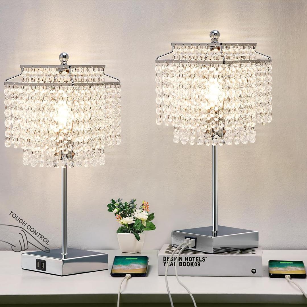 Luvkczc Crystal Table Lamp with Touch Control Set of 2, USB Bedside Table Lamp with USB C+A Ports, Dimmable Lamp with Crystal Shade for Bedroom, Living Room, 6W LED Bulb Included