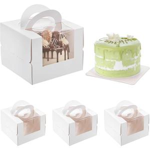 25 Pcs 5 x 5 x 4 Inch White Cake Boxes with Handle & Boards, Easy Carrying Paper Cakes Containers, Cake Holder Window Carriers for Birthday Christmas Birthday Wedding, Party, Gift