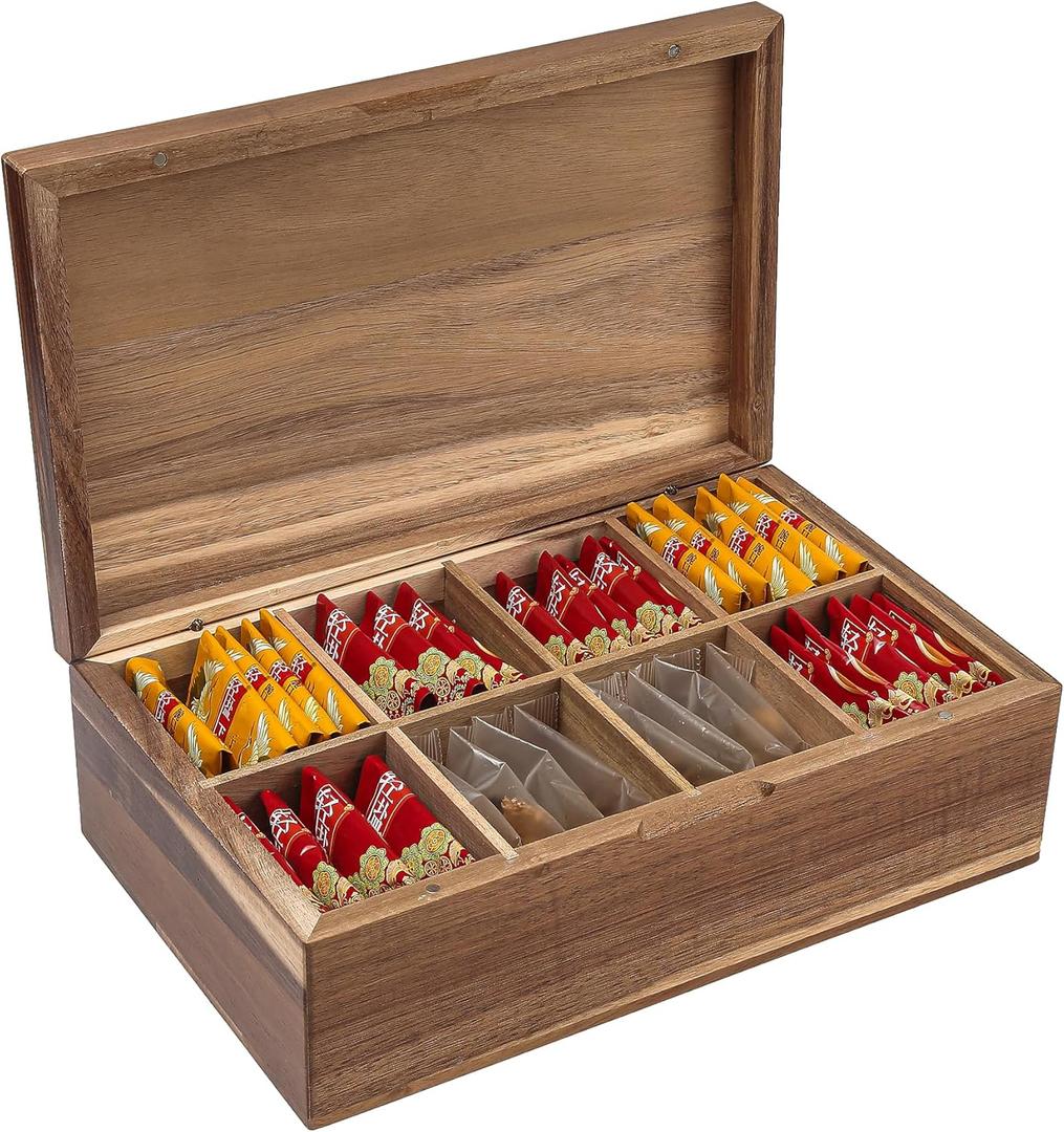 Acacia Wood Tea Bag Organizer, Tea packet Storage Boxes 8 Compartments, Teabag Accessories Gift Box, TeaBags Chest, Teabag Holder Containers