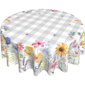 Giwawa Spring Floral Tablecloth Round 60 Inch Watercolor Summer Flower Table Cover with Grey Buffalo Plaids Wildflower Butterfly Table Cloth Polyester Heat Resistance for Kitchen Dining Camping Decor