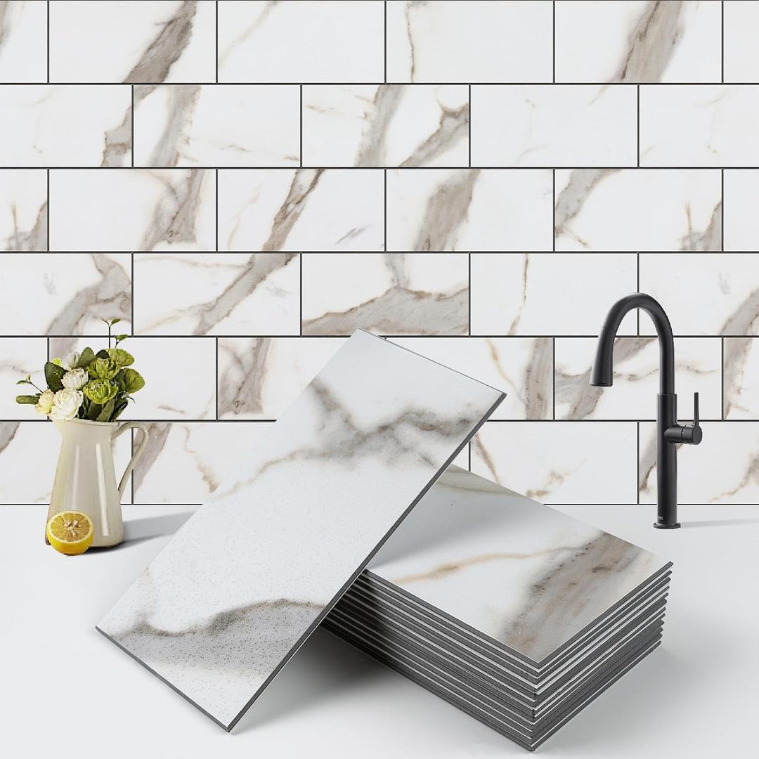 100-Piece Peel and Stick Backsplash, 3" x 6" Peel and Stick Wall Tiles PVC Subway Tile Stick on Backsplash for Kitchen Fireplace Bathroom (Distressed White Marble)