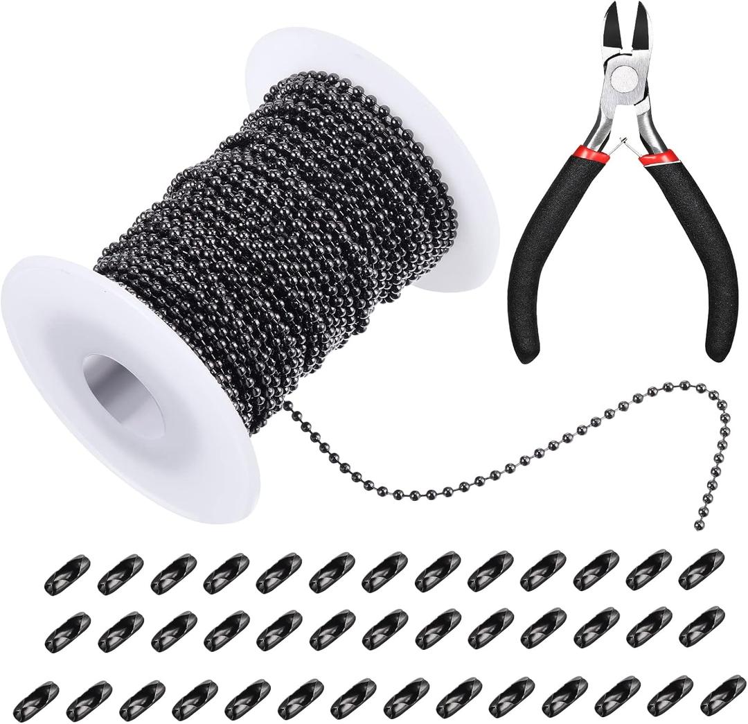 Mudder 65 ft Ball Necklace Chains, 2.4mm Bead Link Dog Tag Chain Roll with 40 Ball Connectors and Plier for Necklace Hanging Ornament Key Chain Dog Pet Tags(Black)