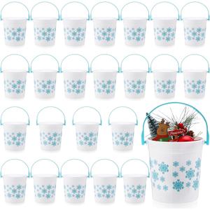 meekoo 24 Pcs Blue Snowflake Buckets with Handles Bulk 4.69 x 3.78 x 4.8 Inch Small Winter Holiday Buckets for Gifts Cute Candy Pails Holiday Storage Baskets for Winter Wonderland Party