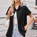 OUGES Womens Soft Stretchy Denim Shirt Summer Maternity Clothes Short Sleeve Jean Jacket Button Pregnancy Casual Coats (Black, L)