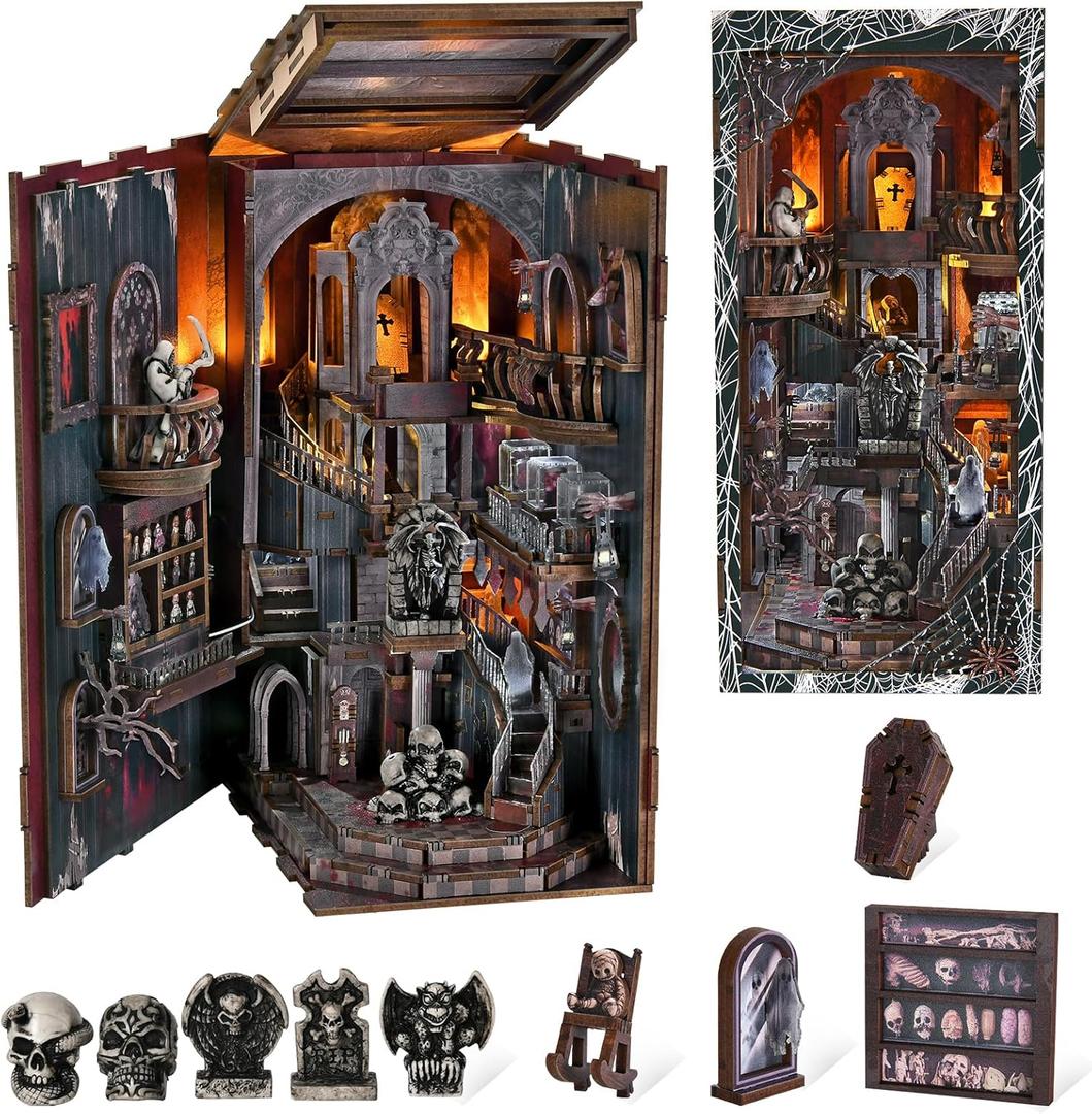 MiniCity Book Nook Kit with LED Light, DIY Miniature Dollhouse Booknook Kit, Creepy Scary 3D Wooden Puzzle Bookshelf Insert Decor for Stress Relief Craft for Book Lovers & Adult (Haunting Relics)