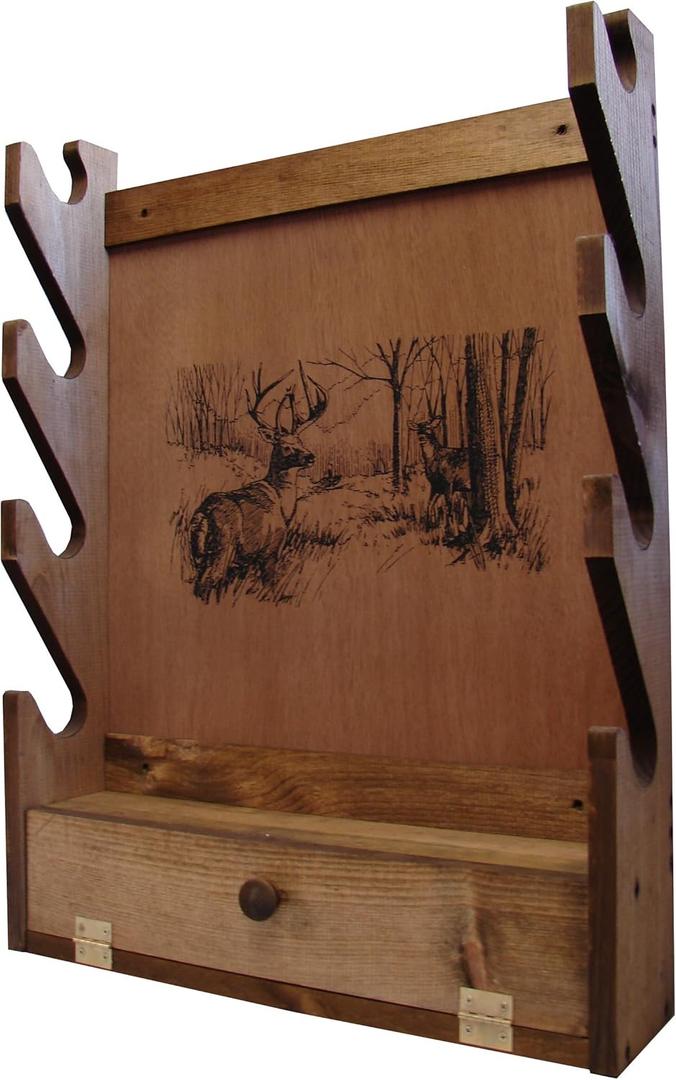 Four-Gun Fully Assembled Wall Mount Wooden Gun Display Rack with Cabinet Storage Compartment for Accessories - Deer Print