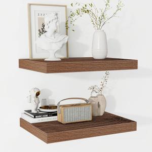 Fun Memories Floating Shelves - 2 Pack 12 Inch Rustic Wooden Wall Shelves - Extra Deeper & Thicker Wall Mounted Storage Shelf for Living Room, Kitchen, Farmhouse - 16" W x 12" D x 1.5" H - Walnut