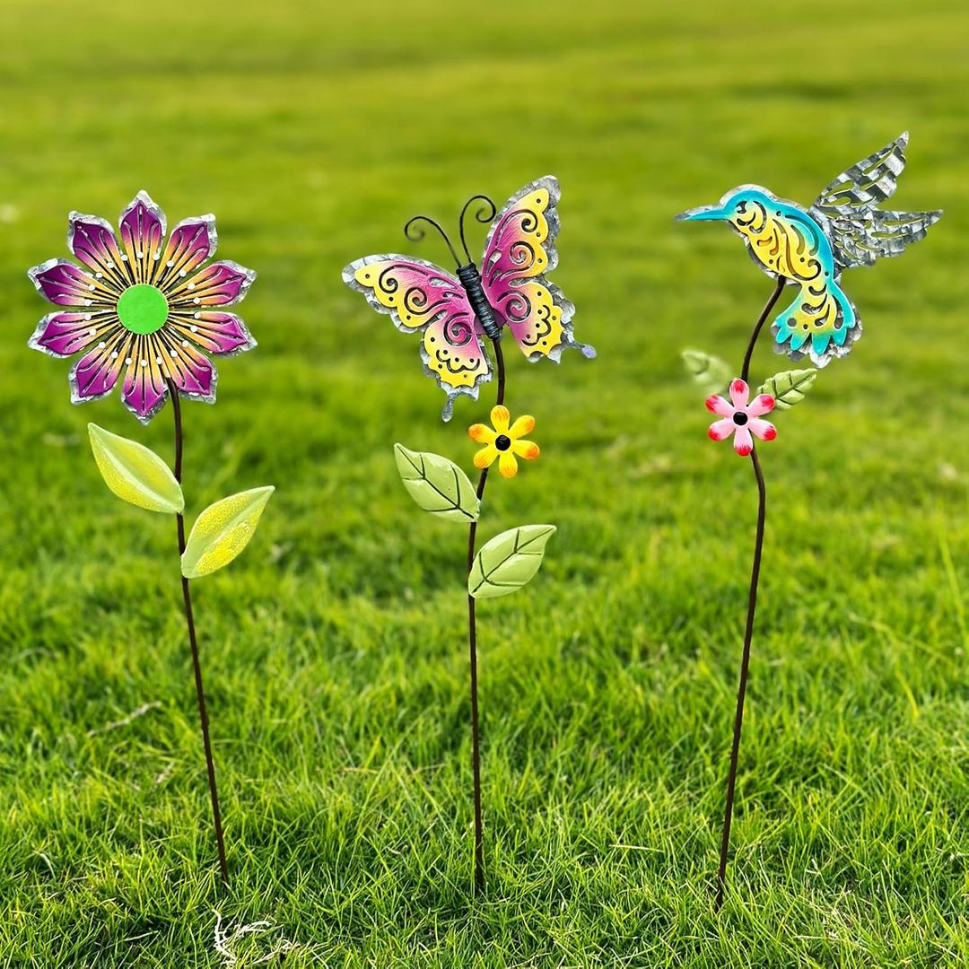 3 Pack Metal Flowers for Outside & Decorative Garden Stakes - Metal Yard Art Outdoor and Garden with Rustproof Design | Spring Lawn Ornaments for Porch, Backyard, Patio | Outdoor Gifts (Blue&purple)
