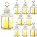 Sumind 8 Pack 9" Decorative Candle Lantern with Flameless Candle Wood Grain Lantern Hanging Vintage Rustic Farmhouse Decor Wedding Decoration Table Centerpiece for Indoor Outdoor Party(White)