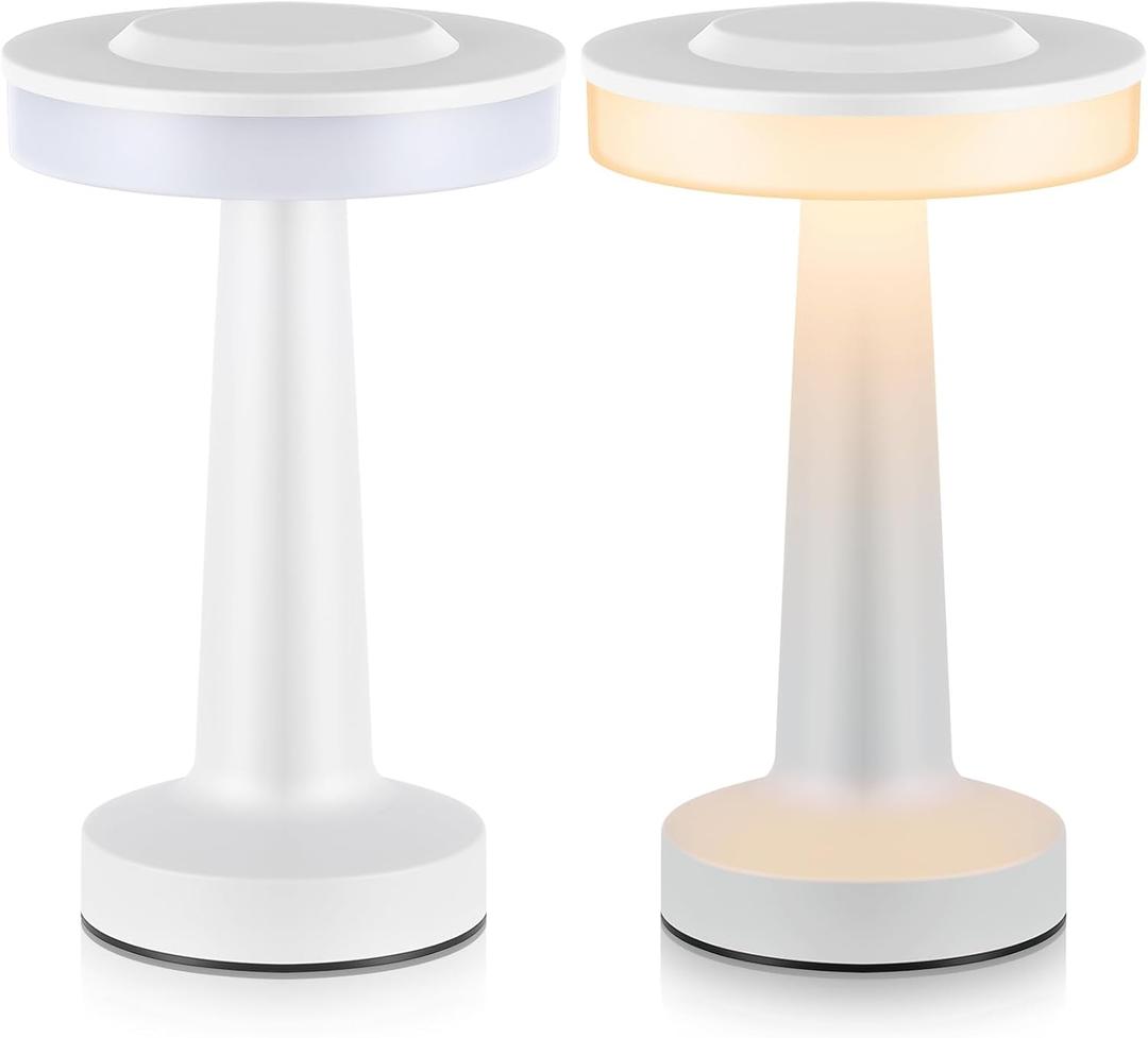 Riakrum Set of 2 LED Portable Cordless Table Lamp with Touch Sensor 3 Color Stepless Dimming Rechargeable Battery up to 15 Hours Cordless Table Light Wireless Lamp for Nursery(White)