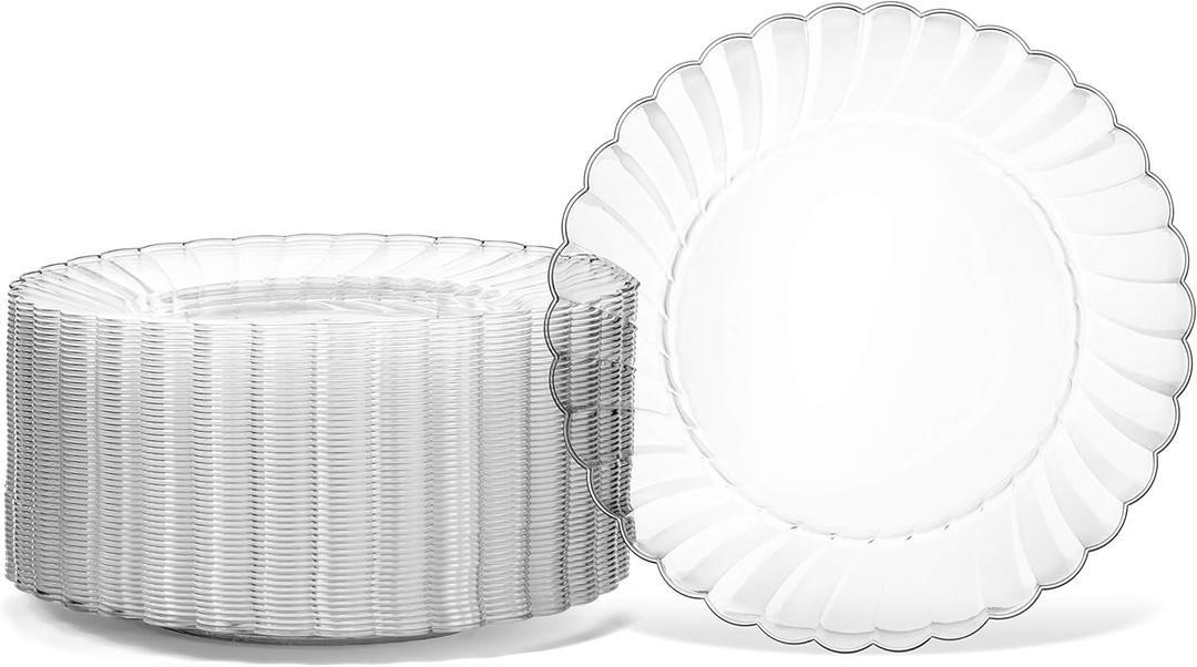 Oasis Creations Premium Hard Plastic Plate Set 50 x 9 Clear Round Plates - Washable & Reusable - Party Supplies For Birthdays, Celebrations, Buffets, Fiestas, Catering & More
