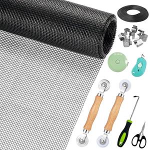 Window Screen Replacement,Screen Door Repair Kit, 48"x178" Black Window Screen Mesh,Including 50 FT Splines+Hooks+2 Rollers+8 Clips+Scissors+Knife+Tape Measure,Fully Equipped Window Screen Repair Kit