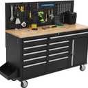 61-inch Rolling Tool Chest, 10 Drawers Garage Workbench Storage Tool Cabinet with Power Strip, Solid Rubber Wood Top, 1675 LBS Load Mobile Workstation, Heavy Duty Rolling Cabinet