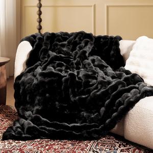 Ultra Soft Cozy Faux Fur Throw Blanket, Fuzzy Plush Thick Bubble Blanket, Luxury Fluffy Blanket for Couch, Sofa, Bedroom, and Living Room, 50x60 Inches, Black