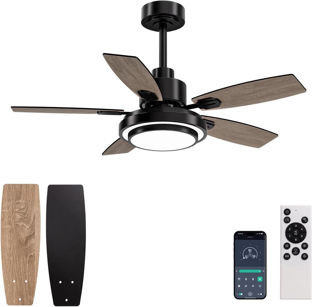 Ceiling Fans with Lights and Remote Control, 42 Inch Flush Mount Ceiling Fan with Quiet Reversible DC Motor, Dimmable LED Lighting, 6 Speeds, Timer, Black Ceiling Fan for Bedroom Living Room