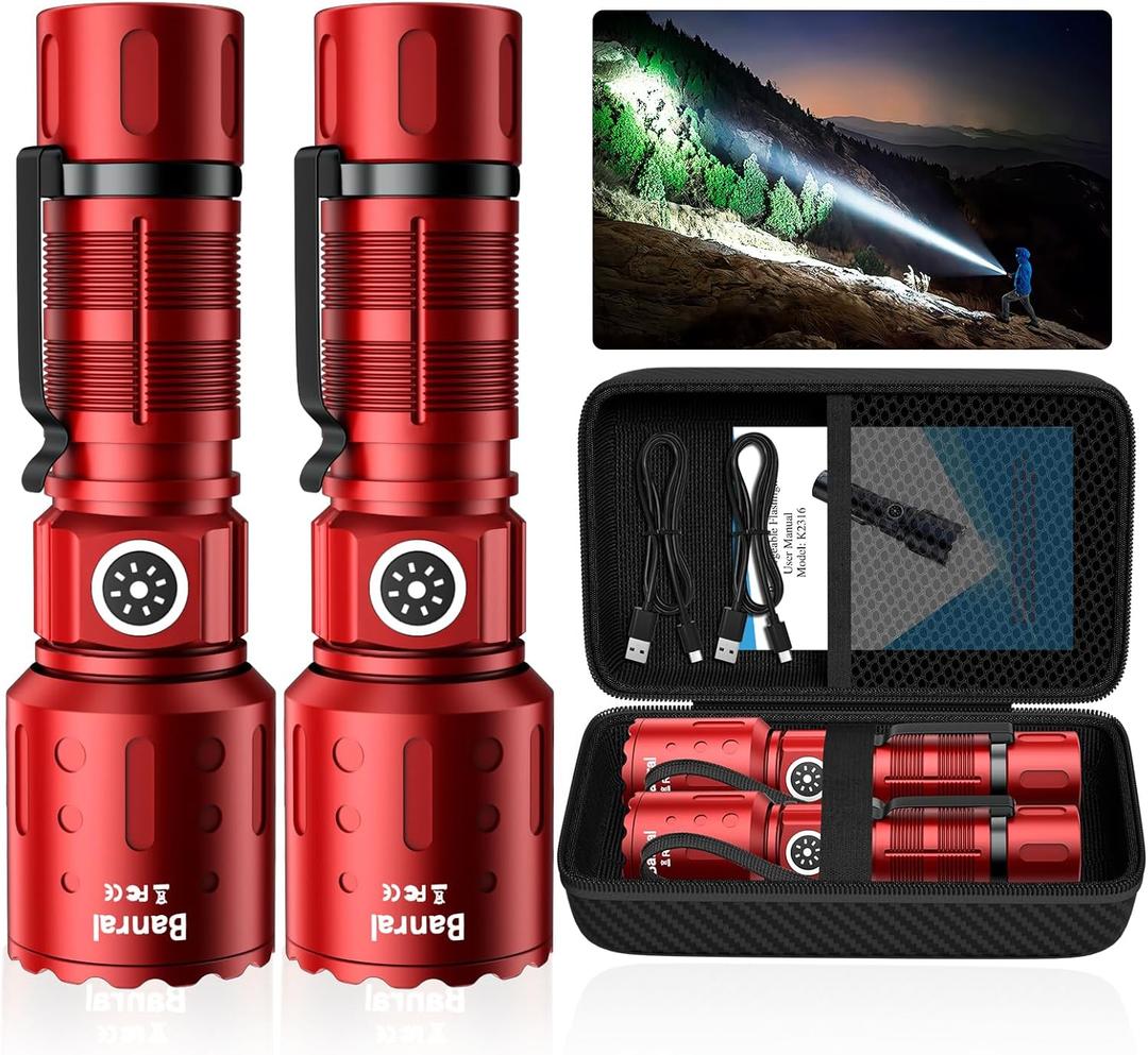 Banral Flashlights High Lumens Rechargeable, Super Bright Long Range Small Powerful Flashlight, 6 Modes LED Tactical Pocket Waterproof Flash Light for Home Emergency (2, Red)